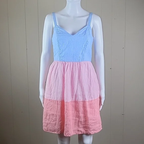 Cynthia Rowley 100% Linen Pink & Blue Chambray Color Block Tiered Sundress - Picture 2 of 16